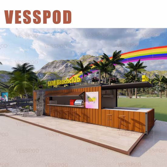 Loja de contêineres modulares pré-fabricados, barra de contêineres e loja de contêineres de transporte